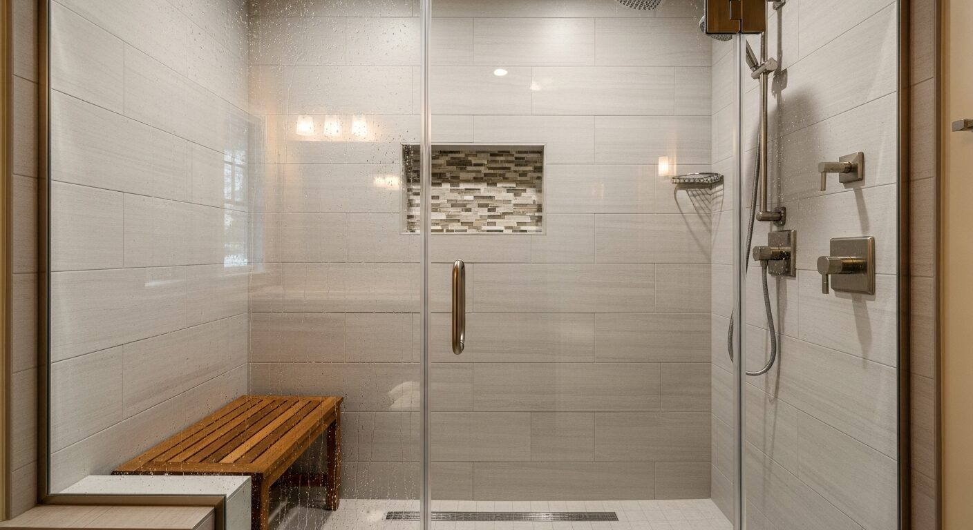 Luxury steam shower installation in Westchester County master bathroom — frameless glass, Kohler steam unit, teak bench