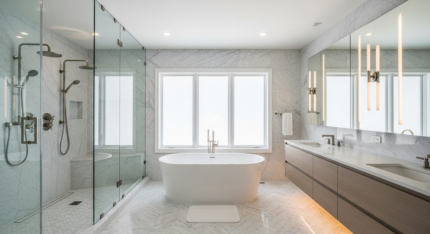 Luxury master bathroom renovation in Scarsdale NY — freestanding soaking tub, frameless glass steam shower, radiant heated marble floors by Three Brothers Kitchens and Baths