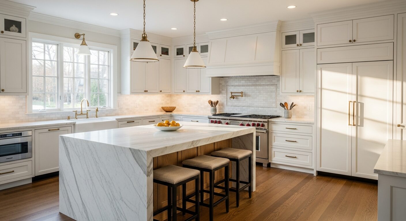 Luxury kitchen renovation in Chappaqua NY — custom white oak cabinetry, Calacatta marble waterfall island, Wolf professional range by Three Brothers Kitchens and Baths